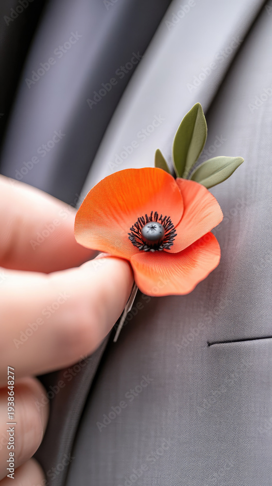 Fototapeta premium Hand pinning a vivid red poppy boutonniere with green leaves onto a grey suit lapel, close up symbolizing remembrance, tribute and respect for veterans and fallen soldiers