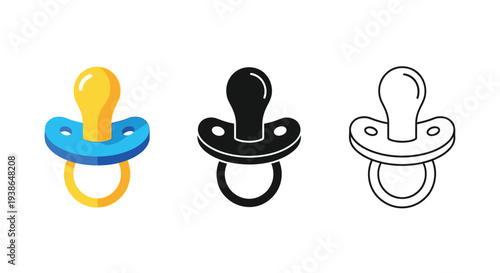 Three different style illustrations of a baby pacifier or dummy, perfect for nursery and children's products.