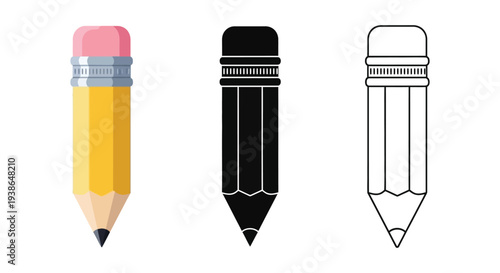 Collection of pencils in various styles including colored, silhouette, and outline icon illustration