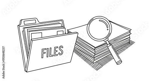 Black and white illustration of a file folder and documents with a magnifying glass.