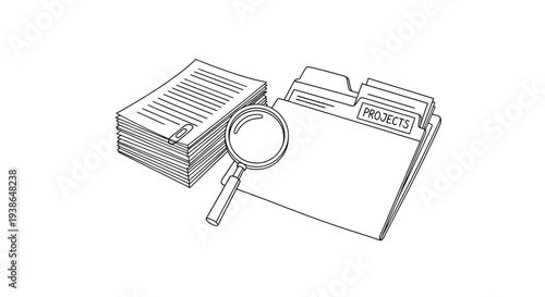 Detailed line drawing of documents and magnifying glass.