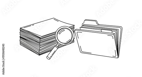 Detailed illustration of documents and magnifying glass.
