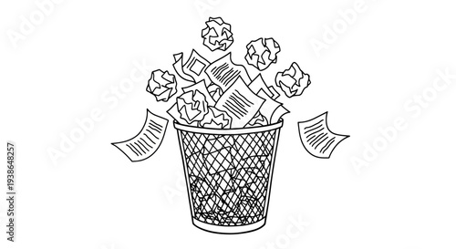 Wastebasket filled with crumpled papers and documents.