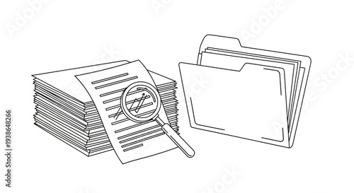 Detailed line drawing of documents and magnifying glass on a stack of papers.