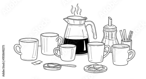 Coffee cups and coffee maker with sugar and spoons.
