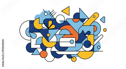 Vibrant abstract geometric shapes in blue, yellow, and orange.