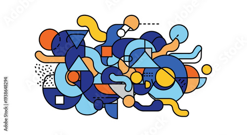 Vibrant abstract shapes in blue, orange, and yellow hues.