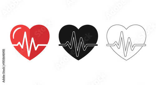 Vector icons depicting heartbeats inside heart shapes representing health, care, and medical concepts.