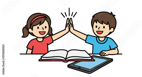 Two happy cartoon children giving a high five over an open book and tablet, celebrating learning and teamwork