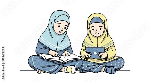 Two young Muslim girls in hijabs studying together, one with a book and the other with a tablet, representing education and modern learning.