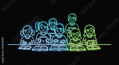 Diverse group of smiling children learning and reading books with digital tablets in neon outline style on black background