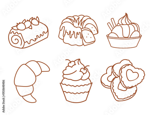 Set of bakery dessert outline icons including croissant, cupcake, cookies, ice cream, bundt cake and swiss roll. Simple line style vector illustration isolated on light background. Perfect for bakery 