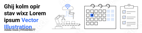 Automation, productivity, task management, scheduling, data processing, efficiency. a robotic arm, calendar with marked dates and checklist. Automation and productivity concept