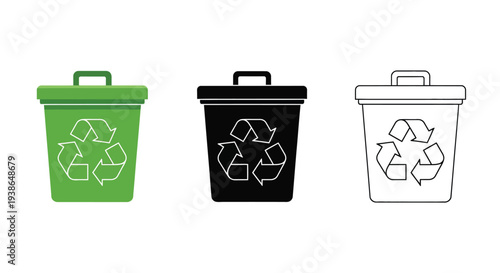 Collection of three distinct recycle bin icons representing waste management and environmental sustainability principles