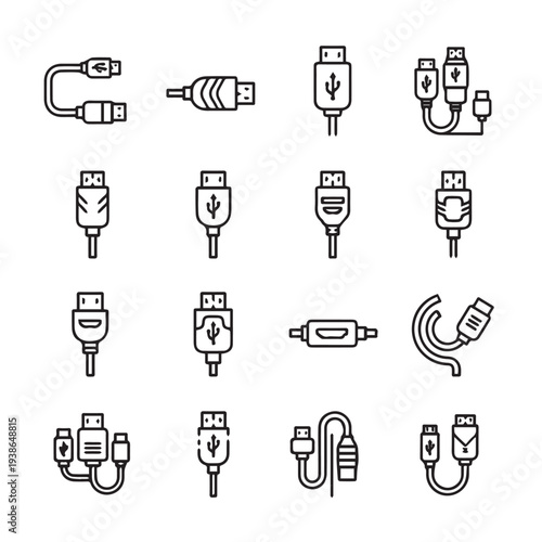 Set of various USB and MI cable connectors and plugs line art icons technology connection symbols