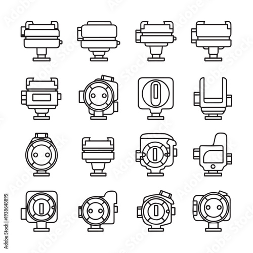 Set of Camera Flash Mount Adapters and Hot Shoe Mounts Line Art Icons Isolated on White