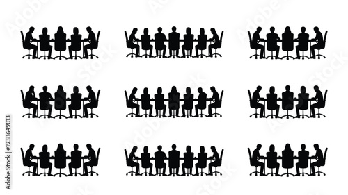 Silhouette of diverse businesspeople in meeting settings office chairs corporate teamwork collaboration communication concept