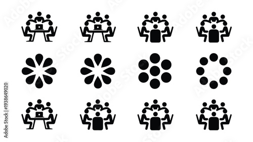 Modern collaboration and teamwork icons set in black silhouette on white background for business and communication concepts