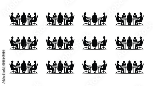 Multiple business teams in a boardroom meeting with silhouettes and logos on tables in a conference room setting