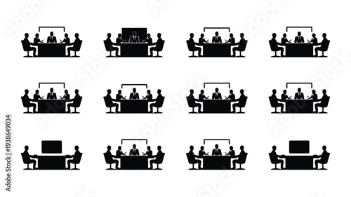 Silhouette of diverse business professionals in various meeting settings with logos and technology