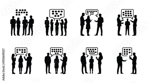 Silhouettes of business professionals collaborating and brainstorming in various group settings with speech bubbles against a white background