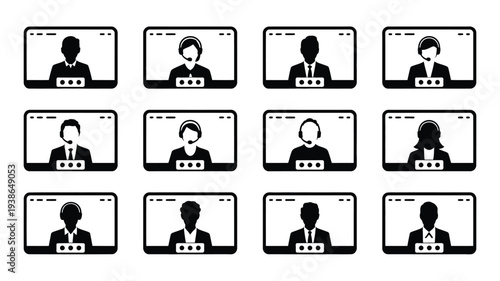 Online team meeting with silhouette logos on computer screens in a virtual conference setting with multiple participants