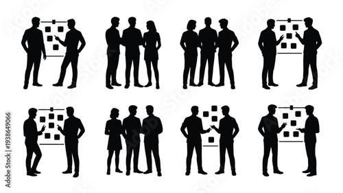 Silhouettes of diverse business team members collaborating brainstorming and presenting ideas on whiteboard in office setting with various poses