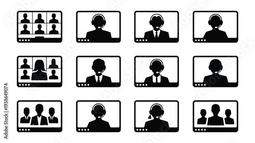 Silhouette of business professionals in a virtual team meeting on multiple computer screens with headsets