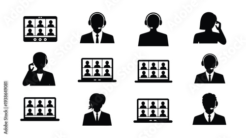 Remote team members in business attire on video conference calls with multiple participants on laptop and tablet screens