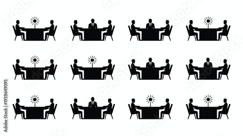 Silhouettes of businesspeople in various meeting and discussion settings around a table