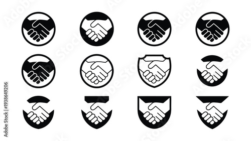 Handshake badge style icons set business partnership symbols black and white vector graphics