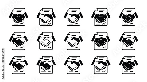 Handshake and agreement icons in black silhouette on white background for business and partnership concepts