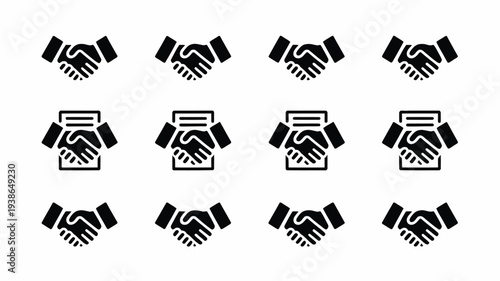Handshake and agreement icons in black silhouette on white background for business partnership and contract concepts