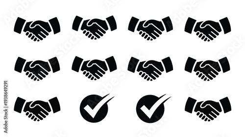 Professional business deal handshake icons in black and white for agreement and partnership