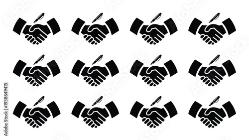 Handshake and pen silhouettes for legal agreements contracts and business partnerships in a grid pattern on white background