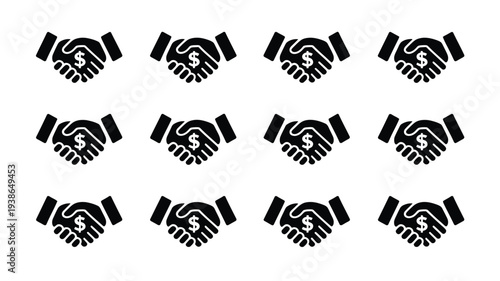Business partnership handshake icons with dollar sign in black silhouette on white background for finance and investment concepts