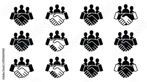 Partnership and teamwork icons set in black and white handshake and collaboration symbols for business and community concepts