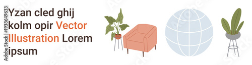 Interior design, sustainability, global concepts, online content, eco-lifestyle, modern decor. Minimalist furniture, greenery globe. Interior design and sustainability ideas