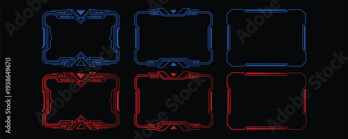Futuristic streaming overlay frame set for gaming screens, cyber style gaming overlay frames in blue and red