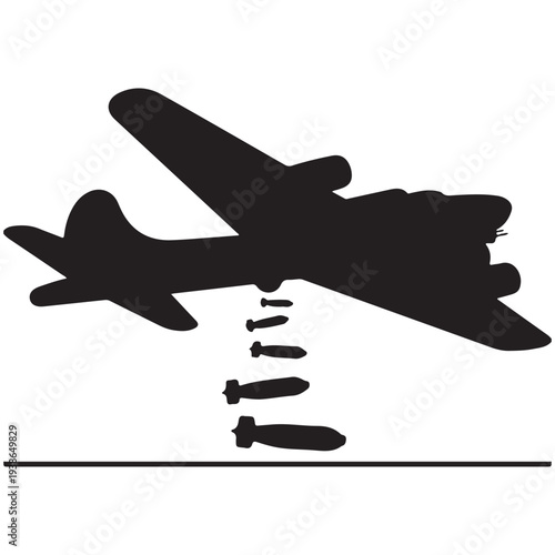 Black Silhouette Bomber Aircraft Dropping Bombs Vector Graphic Over Line