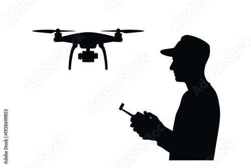 Silhouette of a drone and operator controlling it with a remote