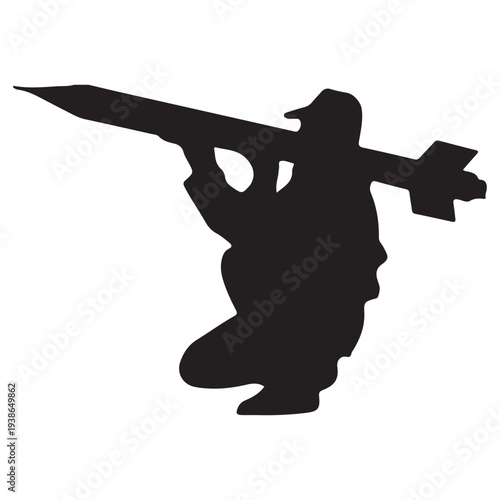 Vector Black Silhouette of Crouching Figure Holding Rocket Launcher