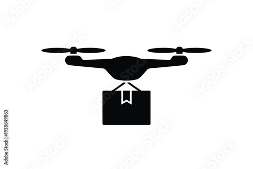 A black silhouette of a delivery drone carrying a package