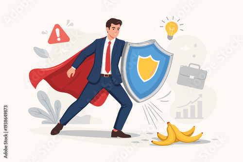 Businessman Superhero with Shield Protecting from Banana Peel Pitfall, Risk Management and Insurance Concept, Avoiding Business Mistakes and Failures, Safety and Crisis Prevention Vector Illustration
