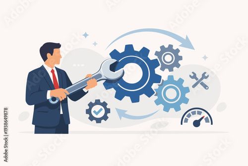 Professional businessman adjusting gears with a wrench for business optimization, process improvement, system maintenance, efficiency enhancement, and strategic fine-tuning in a vector style.