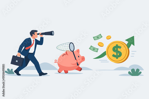 Businessman searching for investment opportunities with telescope while piggy bank catches flying money and coins with growth arrow, concept of wealth management, savings and mutual fund returns.