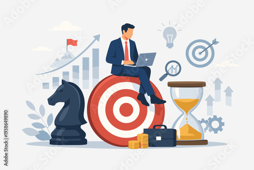 Business strategy and planning for company growth and market success, businessman sitting on target with laptop, hourglass for time management, chess knight for strategy, and financial icons.