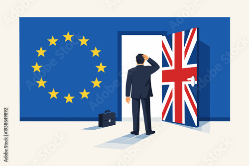 Brexit Concept Illustration of a Businessman Standing Before an Open Door with the Union Jack Flag, Leaving the European Union Wall, Representing Political Decisions and Economic Future of the UK