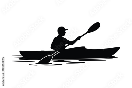 Silhouette of a kayaker paddling on calm water a black and white scene