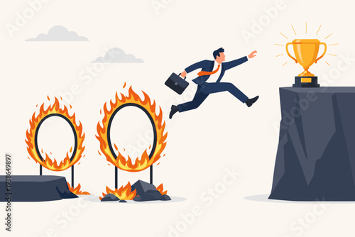 Businessman Jumping Through Burning Hoops of Fire to Reach a Golden Trophy on a Cliff, Concept of Overcoming Business Challenges, Risks, and Obstacles to Achieve Success and Career Rewards